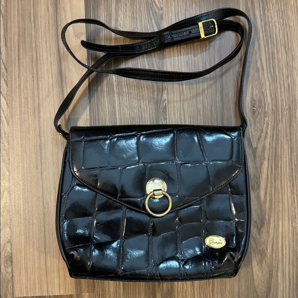 Harpel Leather Vtg Croc Faux Front Flap Goldtone Hardware Shoulder Crossbody Bag